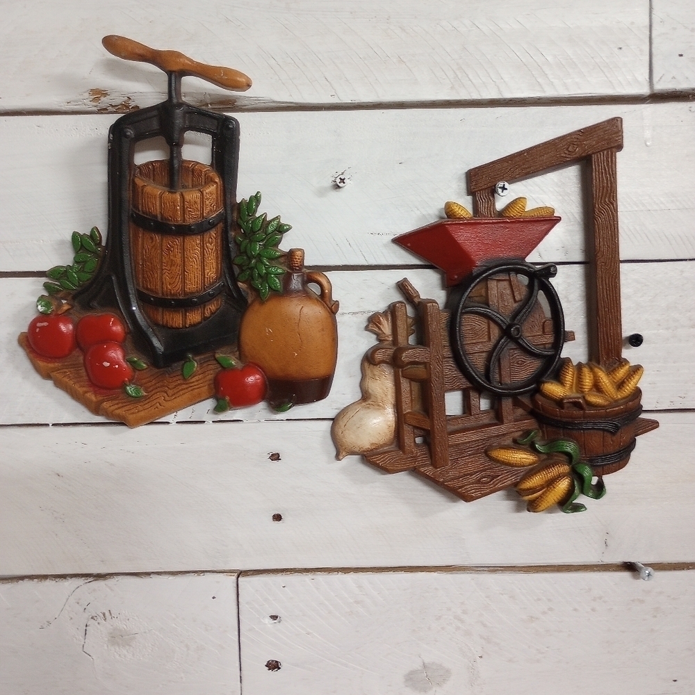 Set of 2 Homco Wall Decor Metal Wall Plaques Apple Cider Press / Corn Mill.